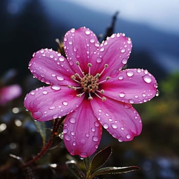 Tall pink flower with raindrops, dew, water on smudged green background.Flowering flowers, a symbol of spring, new life.A joyful time of nature waking up to life.