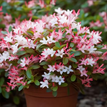 Tiny pink and white flowers with green leaves in a pot.Flowering flowers, a symbol of spring, new life.A joyful time of nature waking up to life.