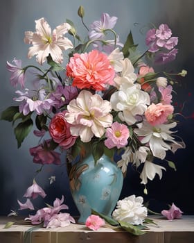 Vase and large blue, white and orange flowers on a dark background.Flowering flowers, a symbol of spring, new life.A joyful time of nature waking up to life.