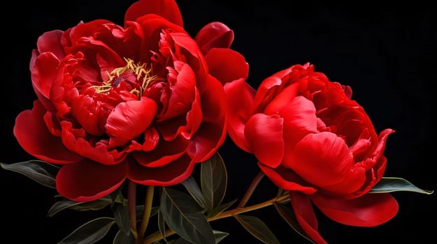 Red peonies with green leaves on black targeted m background.Flowering flowers, a symbol of spring, new life.A joyful time of nature waking up to life.