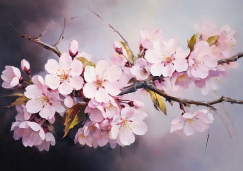 White cherry blossoms on a branch gray background.Flowering flowers, a symbol of spring, new life.A joyful time of nature waking up to life.