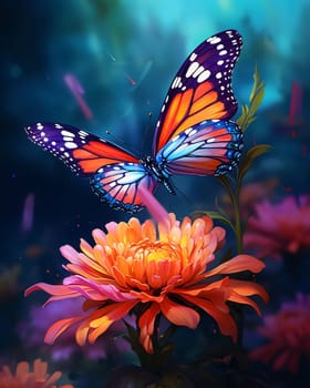 Orange flower and tiger orange butterfly boarding on it dark background. Flowering flowers, a symbol of spring, new life. A joyful time of nature waking up to life.
