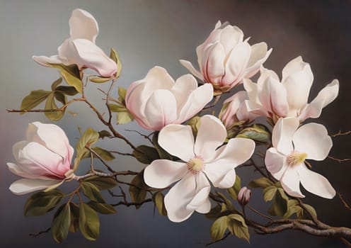 White magnolia flowers and tiny green leaves on a twig gray background. Flowering flowers, a symbol of spring, new life. A joyful time of nature waking up to life.