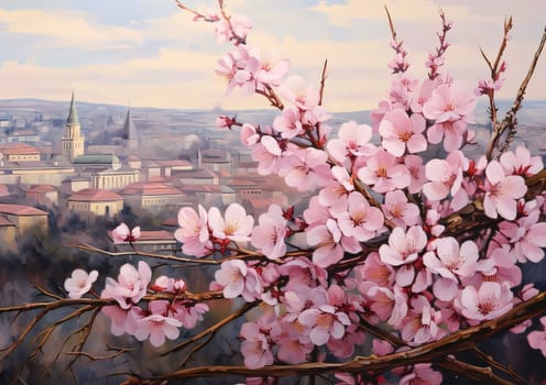 Pink and white cherry blossoms on a tree, green trees and city skyline in the background. Flowering flowers, a symbol of spring, new life. A joyful time of nature waking up to life.