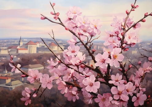 Pink and white cherry blossoms on a tree, green trees and city skyline in the background. Flowering flowers, a symbol of spring, new life. A joyful time of nature waking up to life.