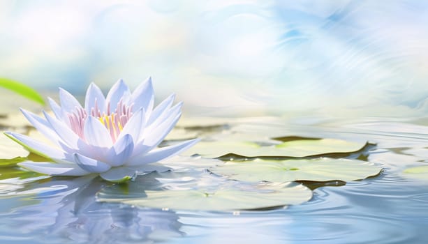Blue water lily on water with green leaves, banner, space for your own content. Flowering flowers, a symbol of spring, new life. A joyful time of nature waking up to life.