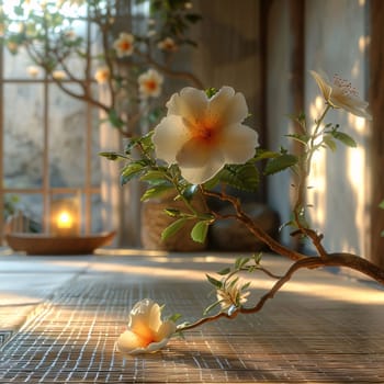 A tiny branch with green leaves and bright flowers inside the house. Flowering flowers, a symbol of spring, new life. A joyful time of nature waking up to life.