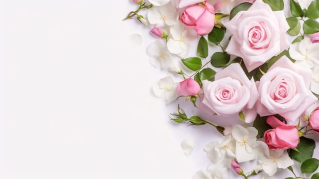 Banner, white empty field, on the side pink rose flowers with green leaves and petals. Space for your own content. Flowering flowers, a symbol of spring, new life. A joyful time of nature waking up to life.