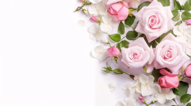 Banner, white empty field, on the side pink rose flowers with green leaves and petals. Space for your own content. Flowering flowers, a symbol of spring, new life. A joyful time of nature waking up to life.