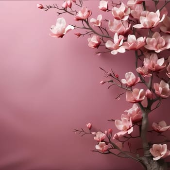 A tiny tree with pink cherry blossoms, next to it an empty field with space for your own content, a banner. Flowering flowers, a symbol of spring, new life. A joyful time of nature waking up to life.