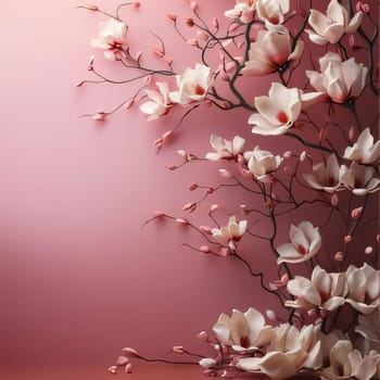 A tiny tree with pink cherry blossoms, next to it an empty field with space for your own content, a banner. Flowering flowers, a symbol of spring, new life. A joyful time of nature waking up to life.