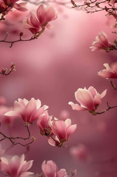 Tiny branches with pink cherry blossoms, empty field with space for your own content, banner. Flowering flowers, a symbol of spring, new life. A joyful time of nature waking up to life.