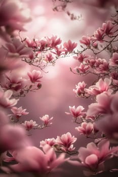 Tiny branches with pink cherry blossoms, empty field with space for your own content, banner. Flowering flowers, a symbol of spring, new life. A joyful time of nature waking up to life.