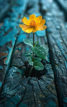 Orange daisy on a tiny stem and tiny green leaves, growing from a hole in the tree. Flowering flowers, a symbol of spring, new life. A joyful time of nature waking up to life.