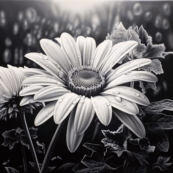 Black and white illustration of chrysanthemum with leaves. Flowering flowers, a symbol of spring, new life. A joyful time of nature waking up to life.