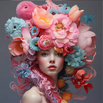 Woman with a bouquet of flowers on her head, abstract illustration, gray background. Flowering flowers, a symbol of spring, new life. A joyful time of nature waking up to life.