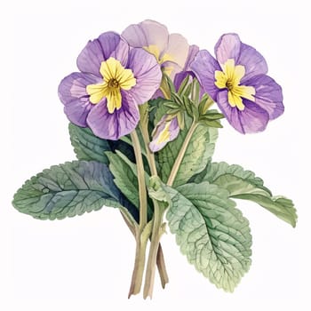 Drawn, painted flowers: purple and yellow pansies flowers with green stem and leaves. Flowering flowers, a symbol of spring, new life. A joyful time of nature waking up to life.