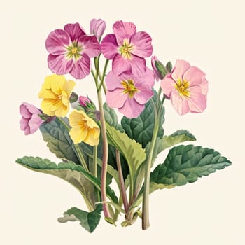 Drawn, painted flowers: purple and yellow pansies flowers with green stem and leaves. Flowering flowers, a symbol of spring, new life. A joyful time of nature waking up to life.