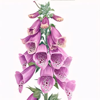 Drawn, painted flowers: purple pink foxglove flowers with green stem and leaves. Flowering flowers, a symbol of spring, new life. A joyful time of nature waking up to life.
