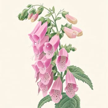 Drawn, painted flowers: purple pink foxglove flowers with green stem and leaves. Flowering flowers, a symbol of spring, new life. A joyful time of nature waking up to life.