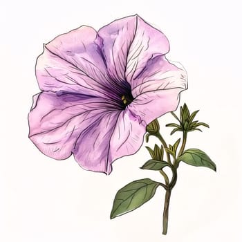 Drawn, painted flowers: purple pink petunia flowers with green stem and leaves. Flowering flowers, a symbol of spring, new life. A joyful time of nature waking up to life.