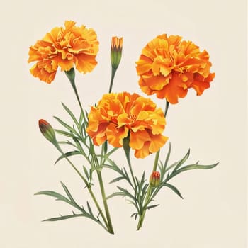 Drawn, painted flowers: orange marigold flowers with green stem and leaves. Flowering flowers, a symbol of spring, new life. A joyful time of nature waking up to life.