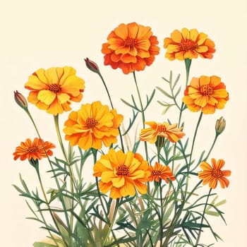 Drawn, painted flowers: orange marigold flowers with green stem and leaves. Flowering flowers, a symbol of spring, new life. A joyful time of nature waking up to life.