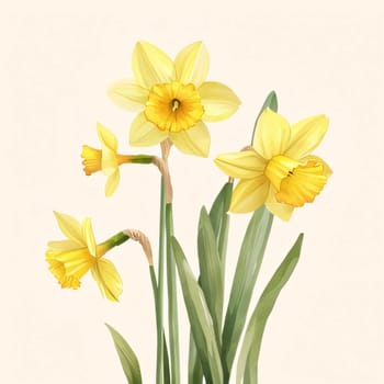 Drawn, painted flowers: yellow daffodils flowers with green stem and leaves. Flowering flowers, a symbol of spring, new life. A joyful time of nature waking up to life.