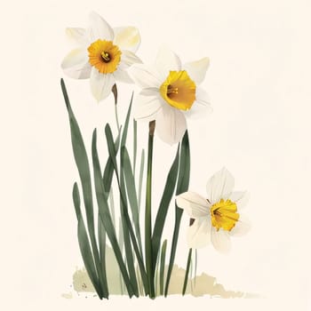 Drawn, painted flowers: white daffodils flowers with green stem and leaves. Flowering flowers, a symbol of spring, new life. A joyful time of nature waking up to life.