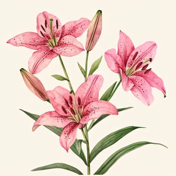 Drawn, painted flowers: pink lily flowers with green stem and leaves. Flowering flowers, a symbol of spring, new life. A joyful time of nature waking up to life.
