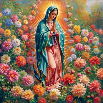 Illustration a Mother of God surrounded by colorful flowers. Flowering flowers, a symbol of spring, new life. A joyful time of nature awakening to life.