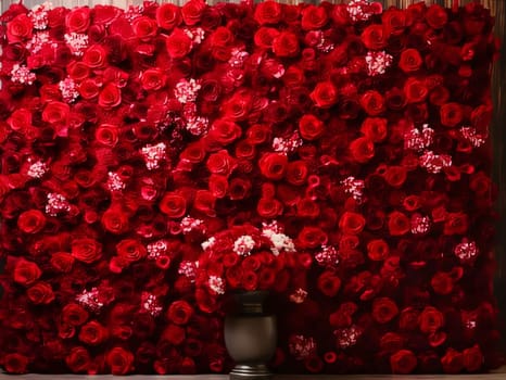 Wall lined with red and pink heads, flowers, rose petals. Flowering flowers, a symbol of spring, new life. A joyful time of nature awakening to life.
