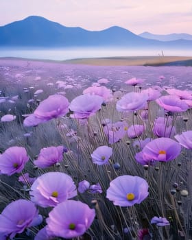 Green clearing full of pink flowers on the background of mountain ranges. Mist in the background. Flowering flowers, a symbol of spring, new life. A joyful time of nature awakening to life.