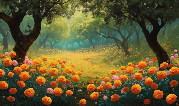 Illustration - orchard around growing orange pink flowers green grass, sunshine. Flowering flowers, a symbol of spring, new life. A joyful time of nature awakening to life.