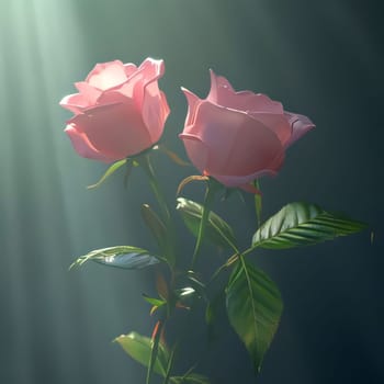Pink roses with green leaves in the sunshine on a dark background. Flowering flowers, a symbol of spring, new life. A joyful time of nature awakening to life.
