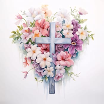 Illustration. Blue Cross around colorful bright flowers forming a heart white background. Flowering flowers, a symbol of spring, new life. A joyful time of nature awakening to life.