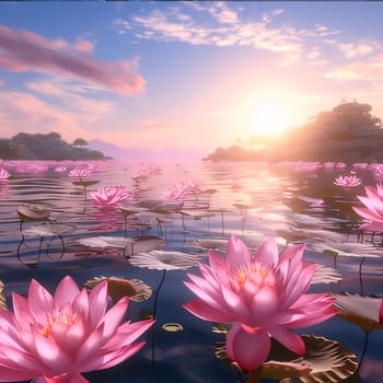 Pink water lilies green leaves on the water against a background of sunset falling rays of light. Flowering flowers, a symbol of spring, new life. A joyful time of nature awakening to life.