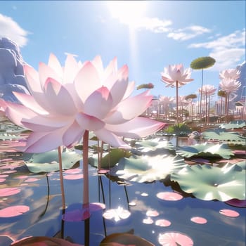 White water lilies green leaves on the water against a background of sunset falling rays of light. Flowering flowers, a symbol of spring, new life. A joyful time of nature awakening to life.