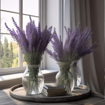 Three vases with lavender flowers on the background of the window. Flowering flowers, a symbol of spring, new life. A joyful time of nature awakening to life.