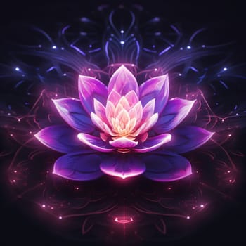 Abstract illustration of purple and pink water lily on a dark background with ornaments, lights. Flowering flowers, a symbol of spring, new life. A joyful time of nature awakening to life.