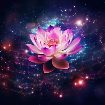 Abstract illustration of purple and pink water lily on a dark background with ornaments, lights. Flowering flowers, a symbol of spring, new life. A joyful time of nature awakening to life.