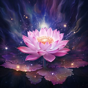 Abstract illustration of purple and pink water lily on a dark background with ornaments, lights. Flowering flowers, a symbol of spring, new life. A joyful time of nature awakening to life.