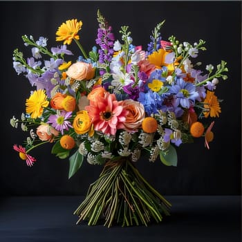 A bouquet of colorful field flowers on a dark background. Flowering flowers, a symbol of spring, new life. A joyful time of nature awakening to life.