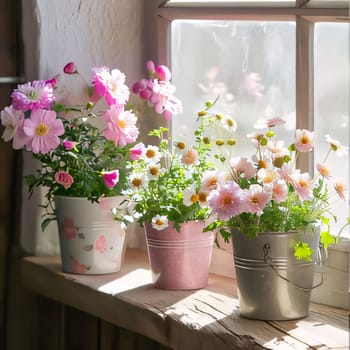 Colorful flowers in small buckets, on the windowsill, window in the background. Flowering flowers, a symbol of spring, new life. A joyful time of nature awakening to life.