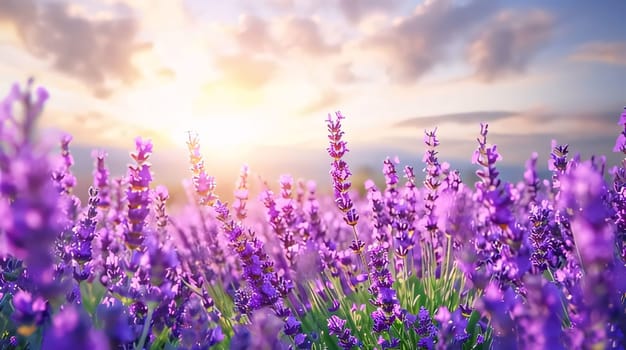 Purple lavender flowers on the background of the setting sun. Large field, banner with space for your own content. Flowering flowers, a symbol of spring, new life. A joyful time of nature awakening to life.