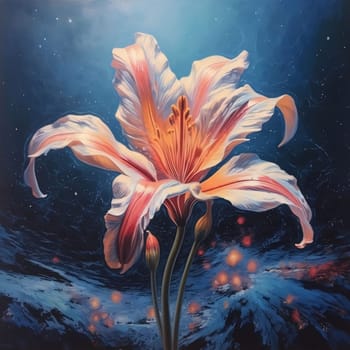 Pink lily flower on a dark night background. Flowering flowers, a symbol of spring, new life. A joyful time of nature awakening to life.