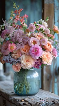 Vase with a bouquet of colorful bright flowers on an old faded board smudged background. Flowering flowers, a symbol of spring, new life. A joyful time of nature awakening to life.