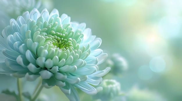 White hydrangea flower, chrysanthemum on light green background, banner with space for your own content. Flowering flowers, a symbol of spring, new life. A joyful time of nature awakening to life.