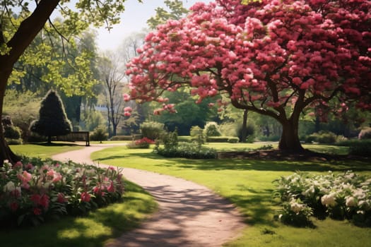 Garden full of greenery, blooming flowers, cherry blossoms, white flowers, path in the middle, Park. Flowering flowers, a symbol of spring, new life. A joyful time of nature awakening to life.