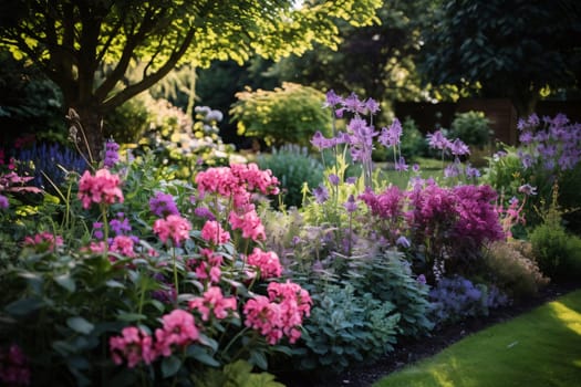 Elegantly manicured garden, colorful flowers pink and blue petals in the background a tree falling rays of the sun. Flowering flowers, a symbol of spring, new life. A joyful time of nature awakening to life.